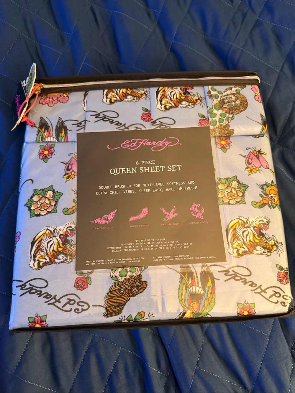 Ed Hardy Light Blue Queen Sheet Set with Multicolor Tattoo Motifs